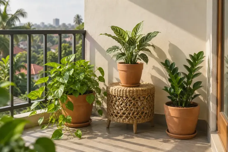 Ilustrasi pot tanaman di balkon dengan cahaya pagi dan bayangan.
